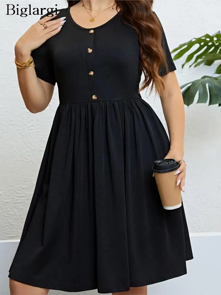 

Женское плиссированное платье средней длины, черное свободное Повседневное платье с оборками, модель 2023 большого размера на лето