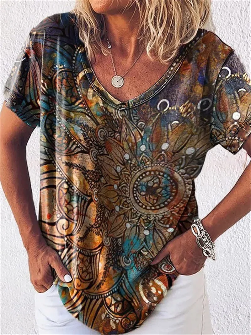 

New summer tribal floral print short-sleeved V-neck t-shirt black