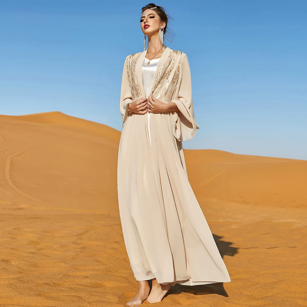 Women's Spring Summer Muslim New Beige Double Embroidery Pearl Chiffon Fashion Dress Travel Party Outer Long Skirt
