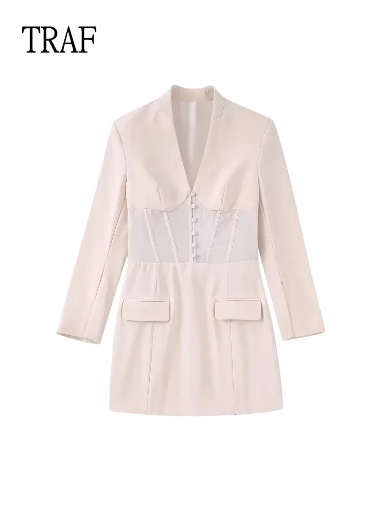 

TRAF Short Blazer Dresses Women 2022 New Back Drawstring Casual Long Sleeve Mini Dress Vintage V Neck Tight Elegant Dresses Lady