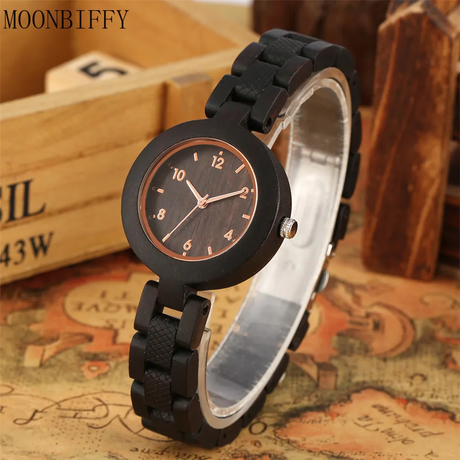 

Ebony Wood Watches Ladies Bracelet Watch Quartz Movement Rose Gold Analog Display Trendy Slim Full Wooden Bangle Female Watches