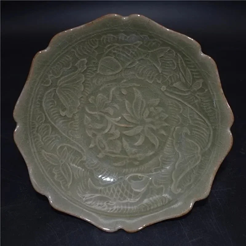 Яочжоу печь династии Сун резной рыбный узор тарелка цвета селадона украшения для