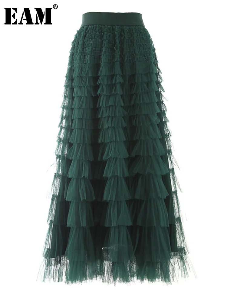 

[EAM] High Elastic Waist Green Camel Mesh Cake Long A-line Half-body Skirt Women Fashion Tide New Spring Autumn 2023 1DF5035
