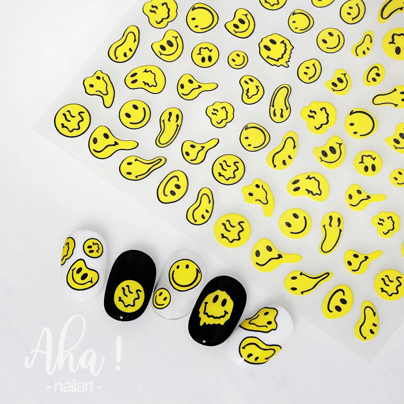 

3D Yellow Smile Nail Art Stickers Smiley Face Manicure Japanese Design White Floral Nail Decals DIY Cute Nail Decals Accessories