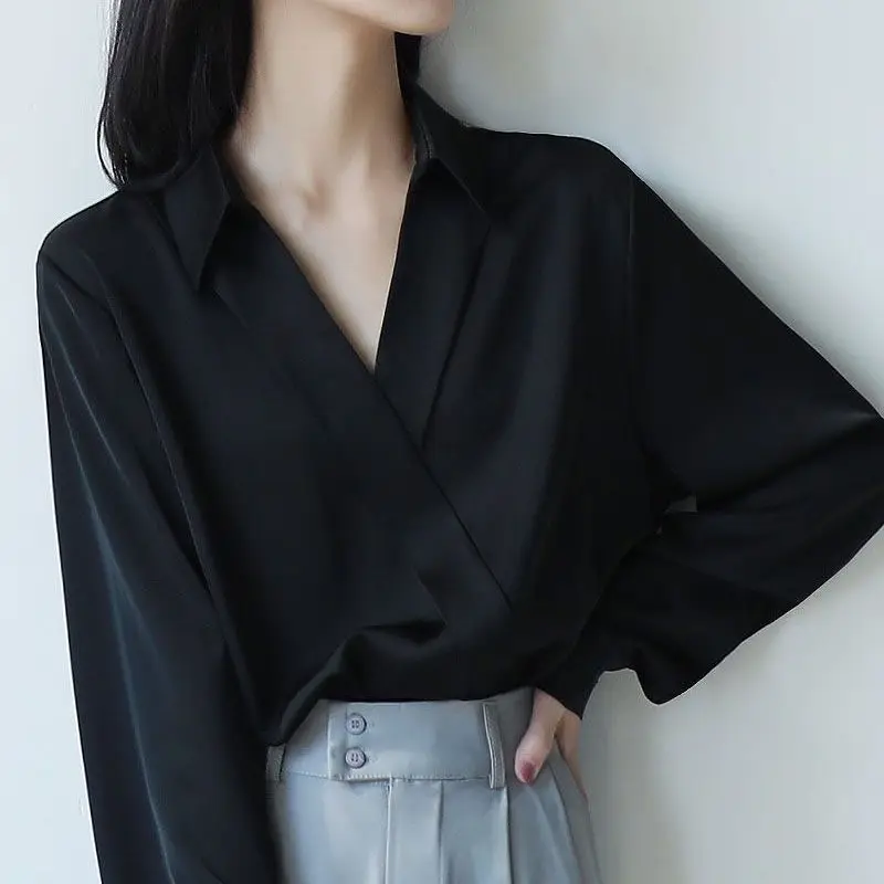 

MINGLIUSILI Elegance Black Women Blouse Korean Style Fashion Long Sleeve Shirt Black Casual Oversize Satin V-neck Summer Top