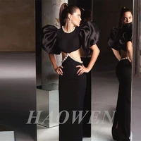 haowen elegant sparkly black sequins o neck prom dresses short sleeves backless evening party dress prom gowns