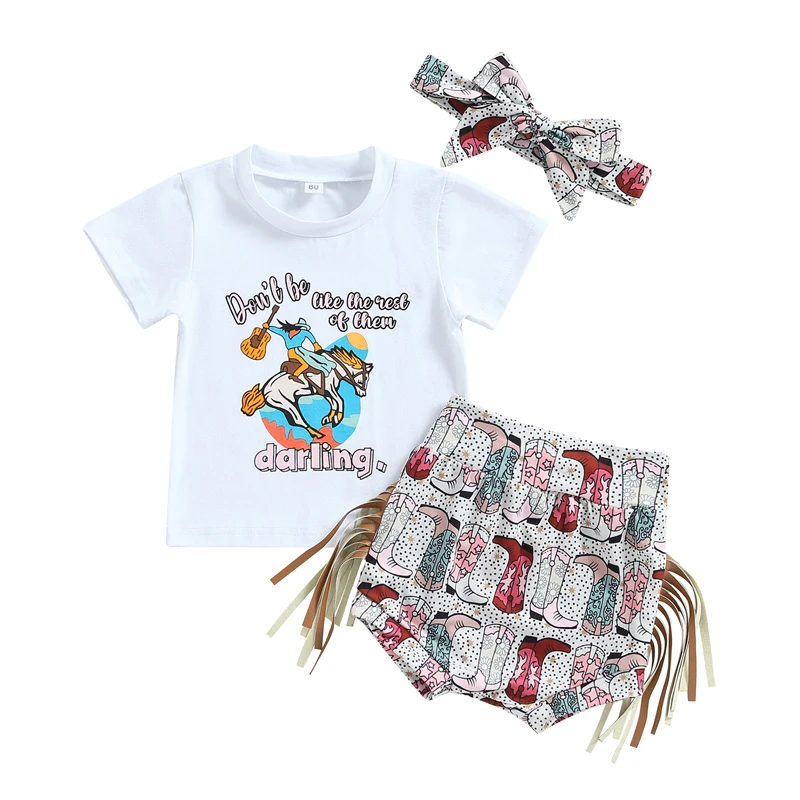 

Bmnmsl Baby Girl Summer Suits Letter Print Short Sleeve O-Neck T-Shirts Boots Print Elastic Waist Shorts Headband 3Pcs Set
