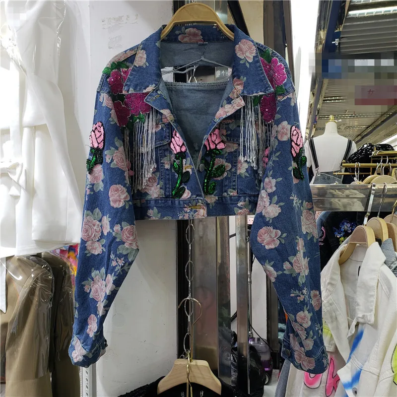 

Print Embroidery Sequins Tassels Denim Jacket Women Vintage Blue Back Holes Cowboy Outerwear Slim Short Jeans Jacket Coat Female