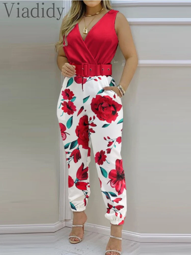 

Women Sexy Floral Print Pocket Detail V-neck Wrap Jumpsuit