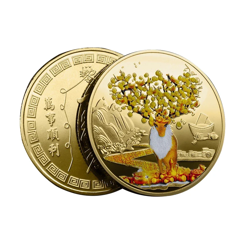 

2022 New Colorful Lucky Coin Reindeer Commemorative Mascot Painted Coin Gold Plated Medal Funny Souvenirs Gifts