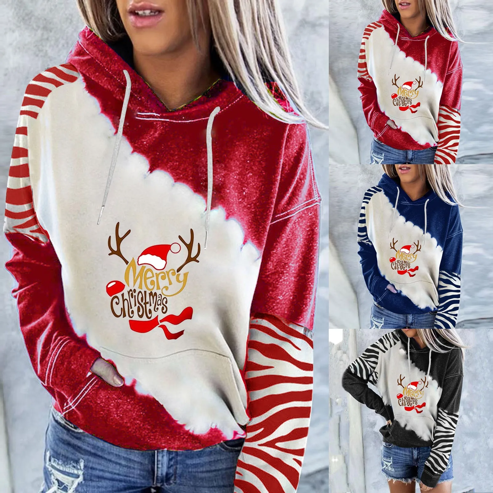 

Women'S Christmas Printed Color Block Hooded Long Sleeve Pullover Casual Sweatshirt Top Women'S Autumn/Winter Casual Pullover