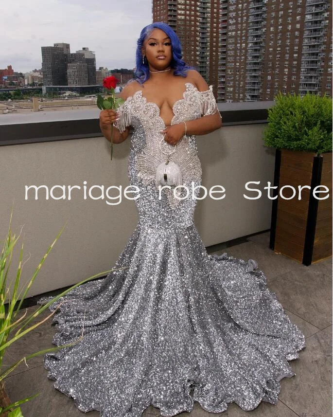 Silver Sparkly Diamond Mermaid Prom Occasion Dresses 2025 Off Shoulder Gillter Velvet Tassel Evening Birthday Gala Gown Outfit