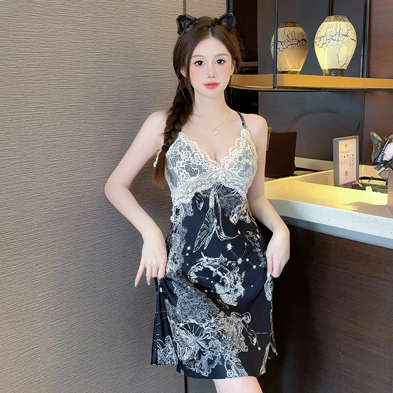 2024 Летнее шелковое атласное сексуальное кружевное белье ночные рубашки на