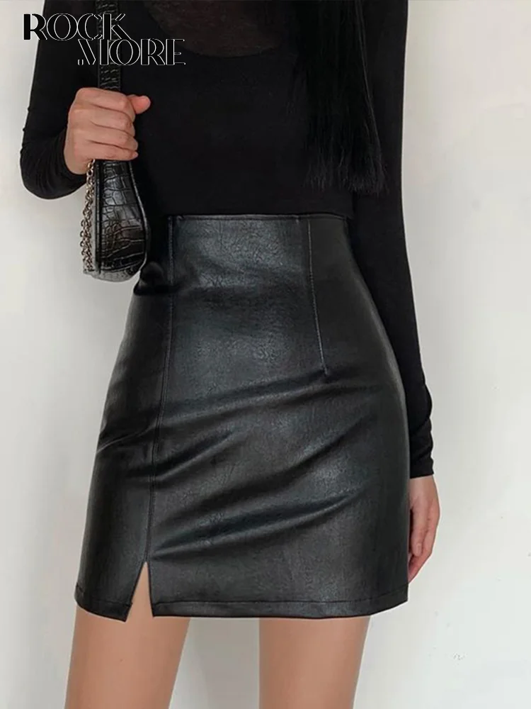 

Rockmore Split leather High Waist Zipper Skirt Women Harajuku Black Sexy Gothic Short Mini Skirts Fashion Festivals Party