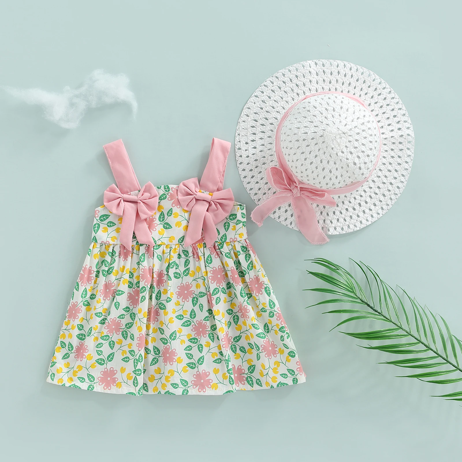 

Платье принцессы на бретелях для маленьких девочек с летней шляпой с бантом без рукавов на бретелях с цветочным принтом комплект из платья ...