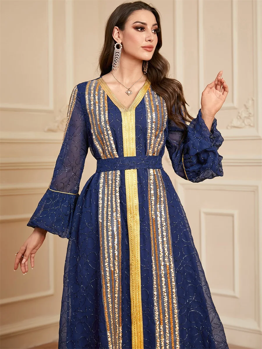 Siskakia Ramadan Dubai Стильные длинные платья с блестками и рукавами-лепестками v-образным