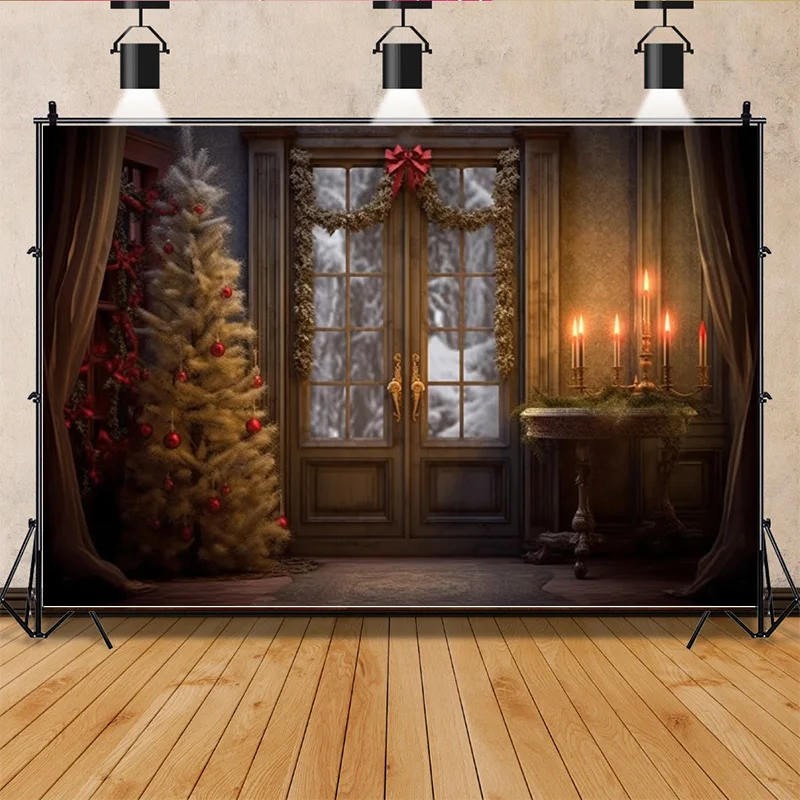 

SHUOZHIKE Christmas Day Photography Backdrops Living Room Indoor Ornament Green Door Wreath Photo Studio Background Props QS-48