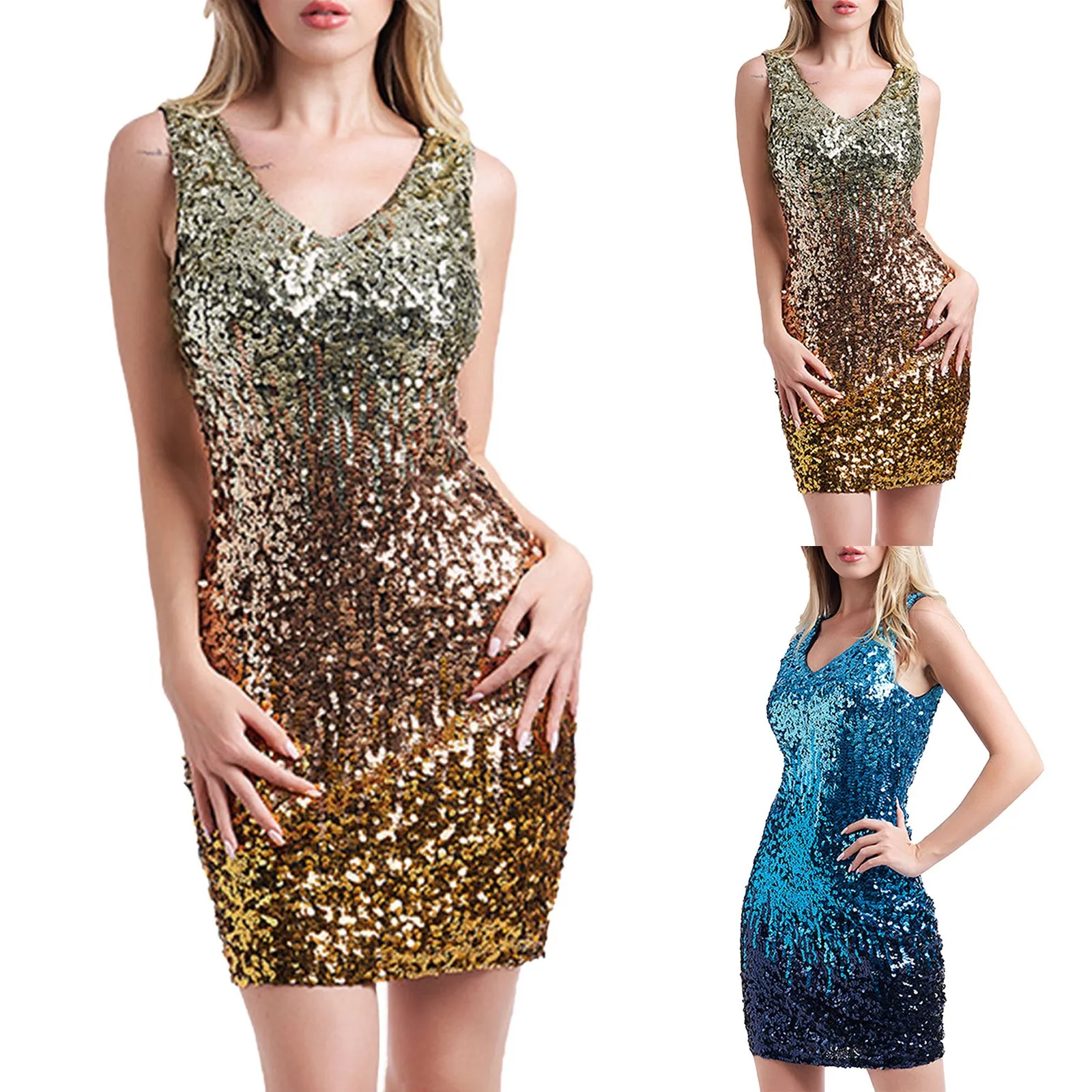 

Соблазнительные блестящие платья для женщин, новинка 2023, соблазнительное облегающее мини-платье с глубоким V-образным вырезом и блестками, ...