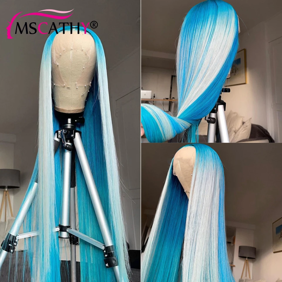 Light Blue Highlight Colored Lace Frontal Wigs For Women Human Hair Long Straight Ombre Lace Part Wig Ombre HD Lace Frontal Wigs