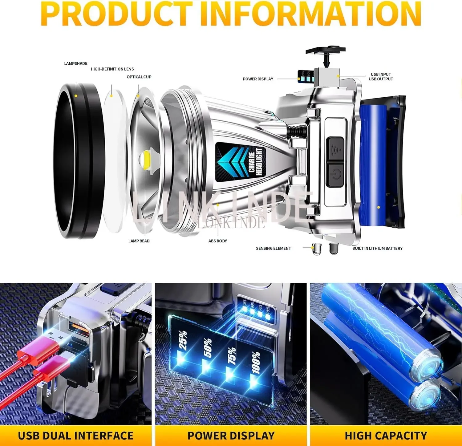 Супер яркий светодиодный налобный фонарь встроенный 18650 USB перезаряжаемый датчик