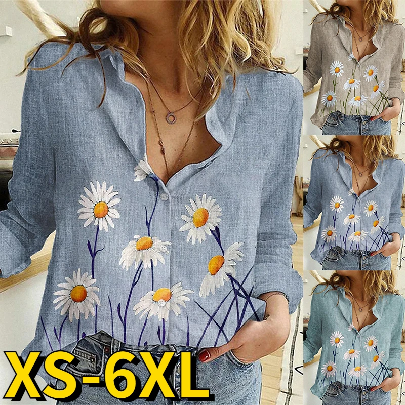 

Женская свободная рубашка на пуговицах, Повседневная модная пикантная Блузка с V-образным вырезом и цветочным принтом, с длинным рукавом, бо...