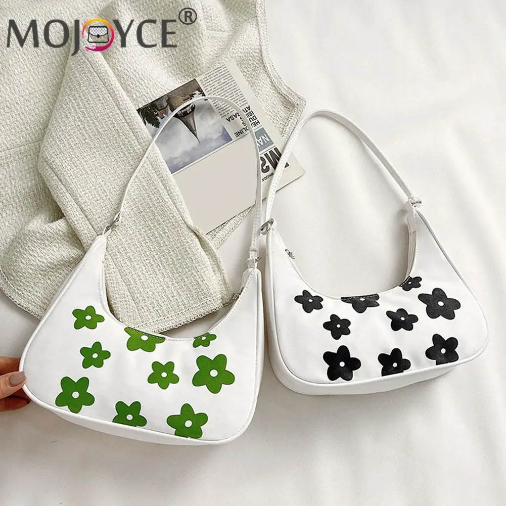 

Casual All-match Canvas Shoulder Underarm Bags for Women Fashion Flower Print Crescent Hobo Handbags Portable Zipper Purse
