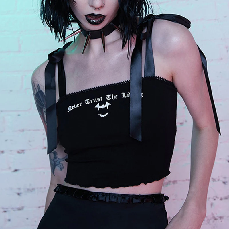 

Gothic Letter Print Crop Top Harajuku Grunge Bandage Strap Corset Top Women Sexy Backless Camisole E-girl Dark Academia Clothes