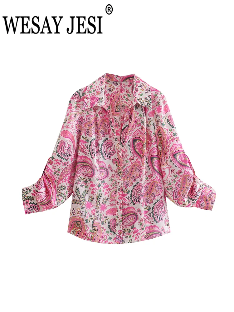 

WESAY JESI Womens Thin Long Sleeve Shirt Elegant Floral Print Blouse Lapel Vintage Shirt Female Loose Streetwear Casual Shirts