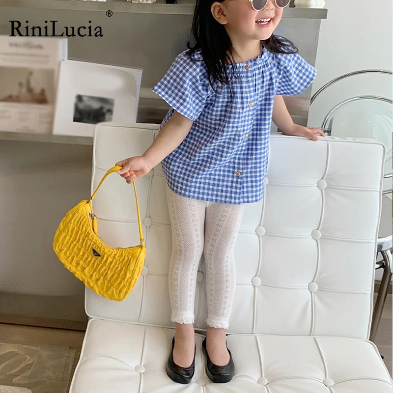 

RiniLucia Children's Pants 2022 Summer New Girls Casual Elastic Pants Hollow Out Lace Waist Baby Sweeet Leggings Korean Style