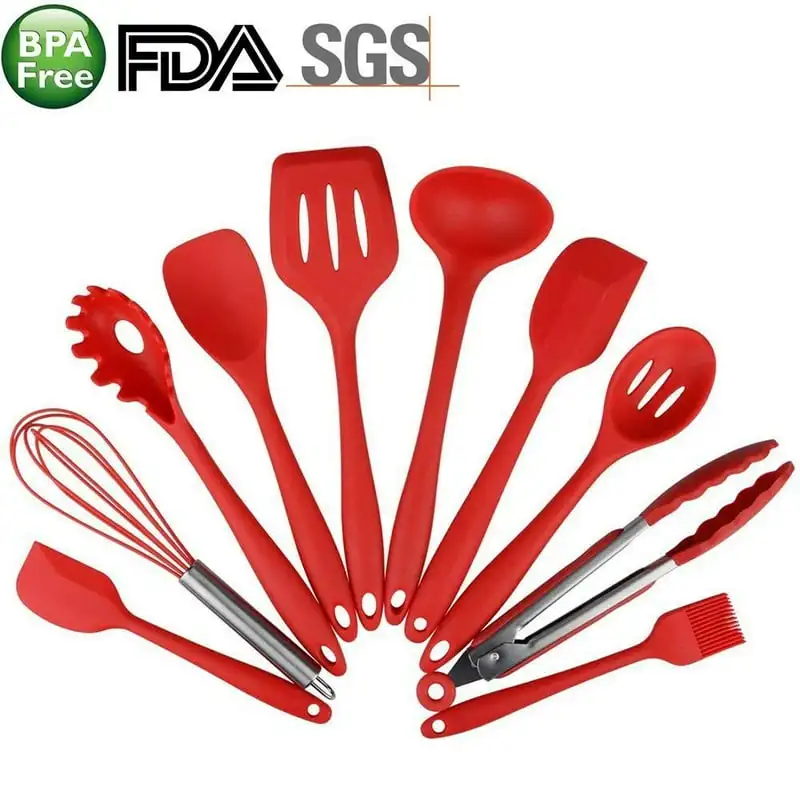 

Silicone Cooking Set Red- Spoons, Turners, Spatula & 1 Ladle Etc - Heat Resistant Kitchen Utensils - Easy to Clean