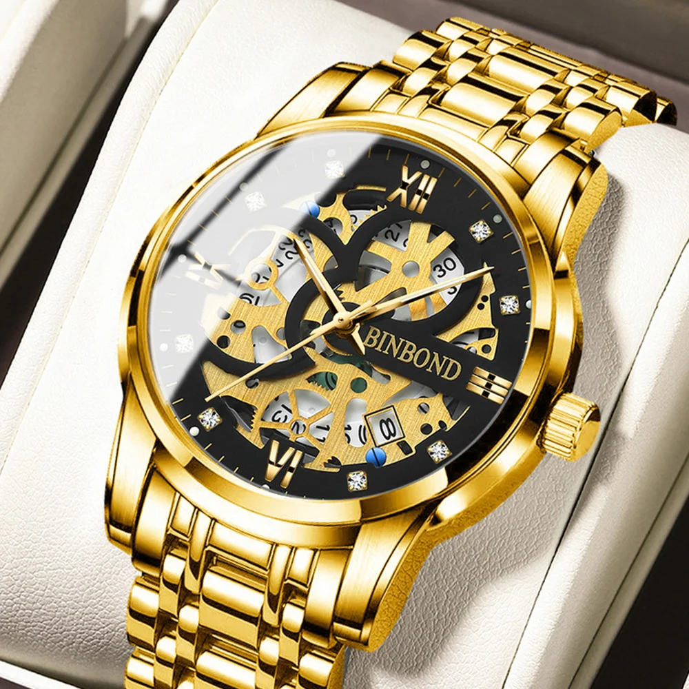 Новинка 2023, роскошные золотые часы, Модные Кварцевые водонепроницаемые светящиеся наручные часы из нержавеющей стали с календарем, мужские часы