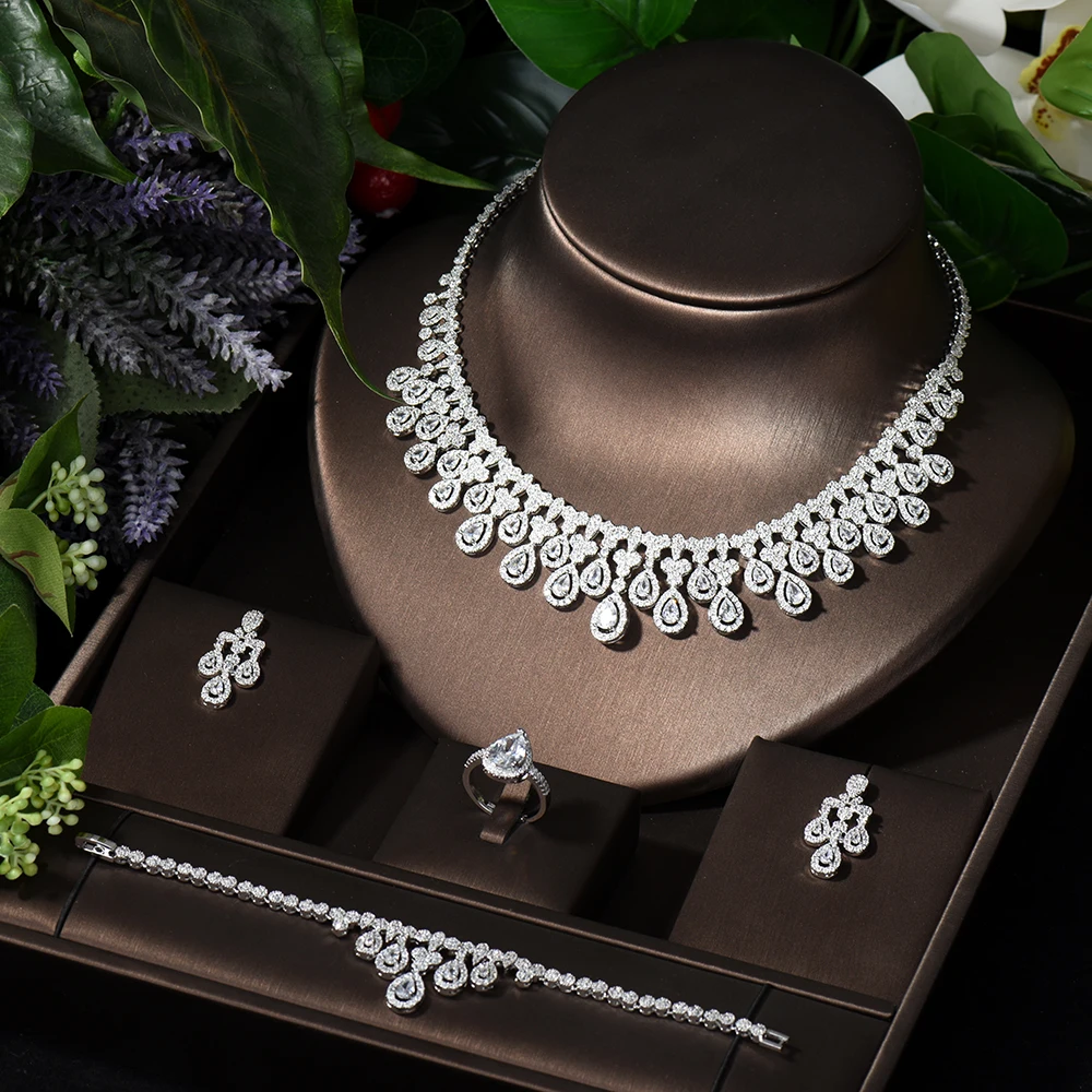 HIBRIDE Trendy 4pcs Full Bridal Jewelry Sets for Women Party Luxury Dubai Nigeria CZ Crystal Bridal Wedding Jewelry Sets S-030