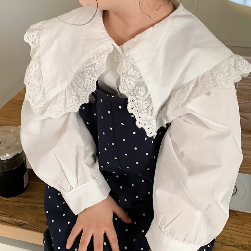 

2022 Autumn New Children Top Baby Girls Korean Leisure Long Sleeve White Lapel Shirt