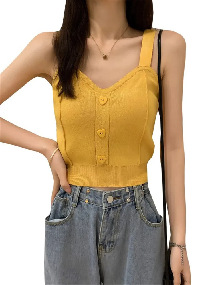 

CUHAKCI Summer Sexy Tees Women Knitted Crop Tops Cute Button Up V-Neck Sleeveless Straps Workout Black White Office Lady Tanks