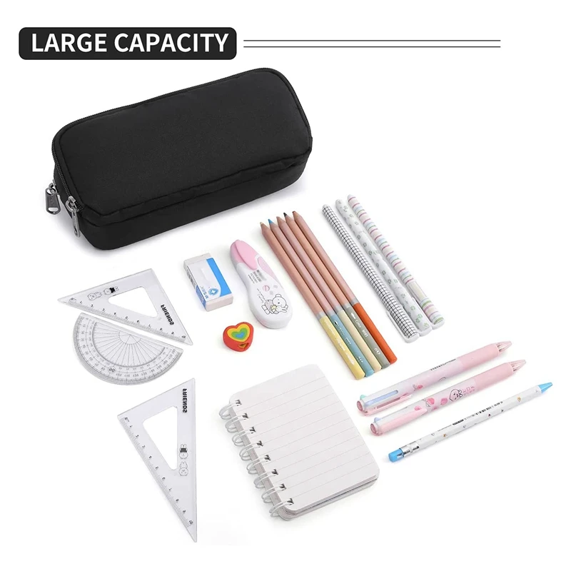 

2X Big Capacity Pencil Case Oxford Storage Pouch Marker Pen Case Simple Stationery Bag School Office Organizer Black