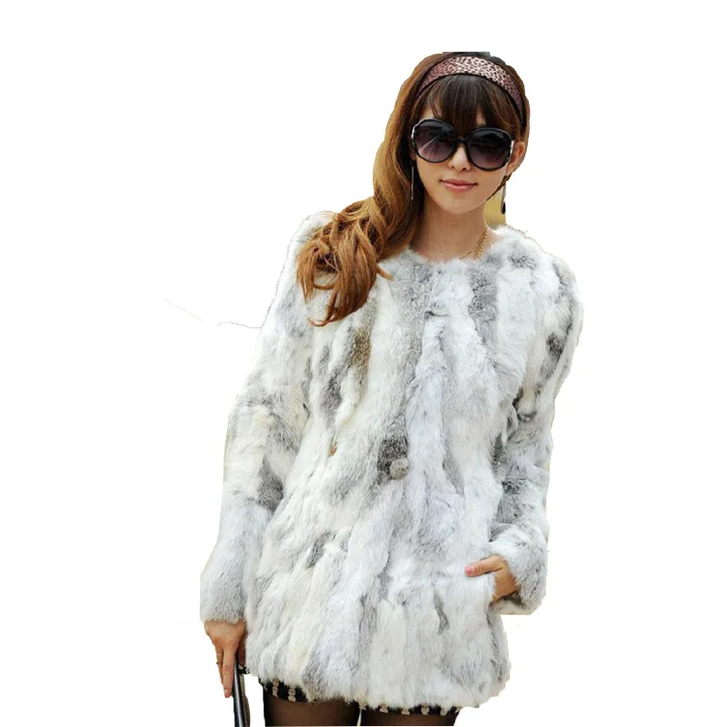 Real Farm Rabbit Fur Coat Striped Pattern Full Length Sleeve Coat Hip-Length Outwear Fur Jacket