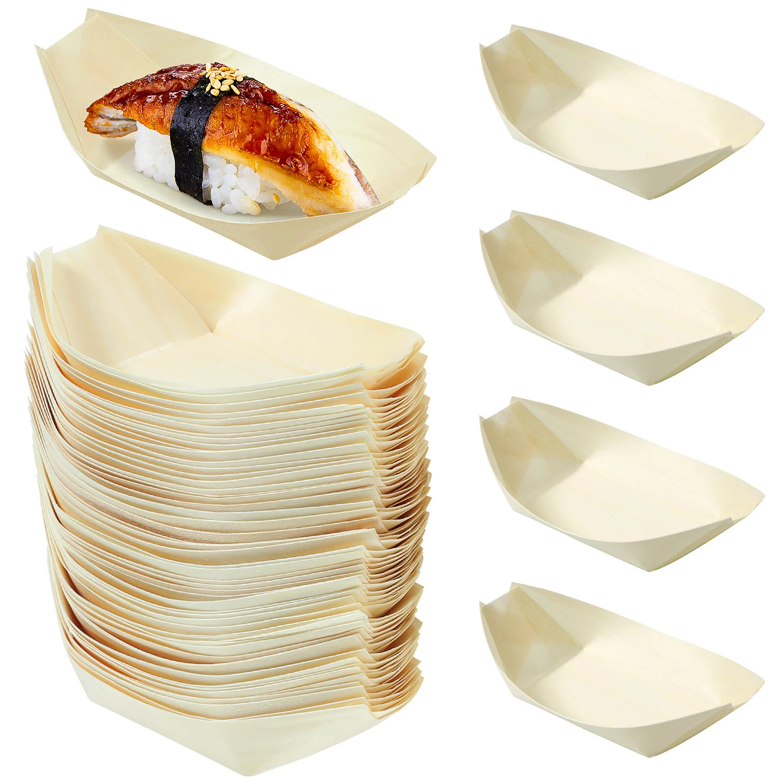 

100 Pcs Banana Leaf Sushi Tray Utensil Plate Wood Container Bamboo Wooden Boat Disposable Food Bowl Flatware