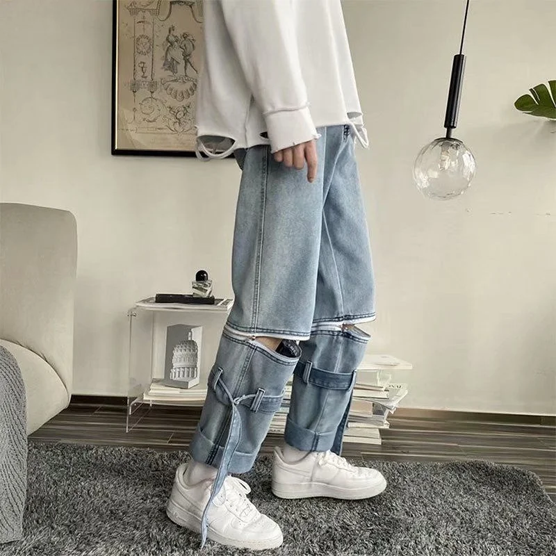 DEEPTOWN Hip Hop Straight Jeans Men Streetwear Zipper Denim Pants Hole Fashion Trousers Male Loose Casual Youth Designer Clothes