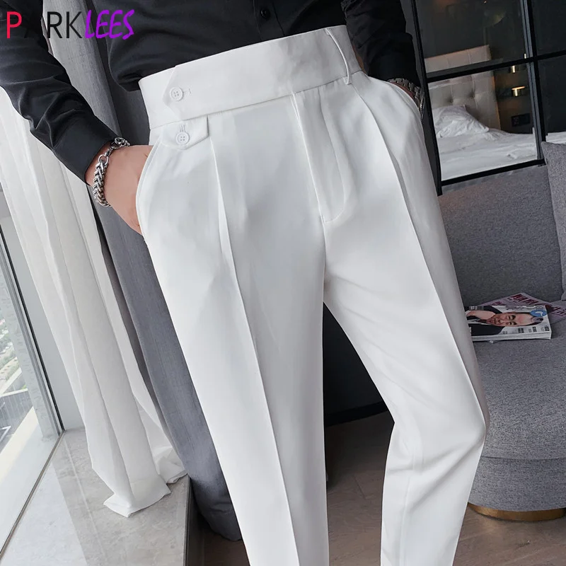 White Pleated Hight Waist Pencil Mens Dress Pants Ankle Length Wedding Groom Suit Pants Men Slim Fit Cropped Trousers for Man