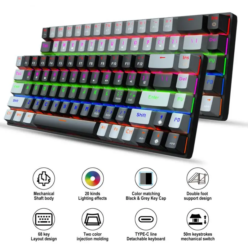 

Портативная Проводная клавиатура Rgb Type-c, механическая клавиатура с красной осью, компьютерные аксессуары, игровая клавиатура с подсветкой, 68 клавиш