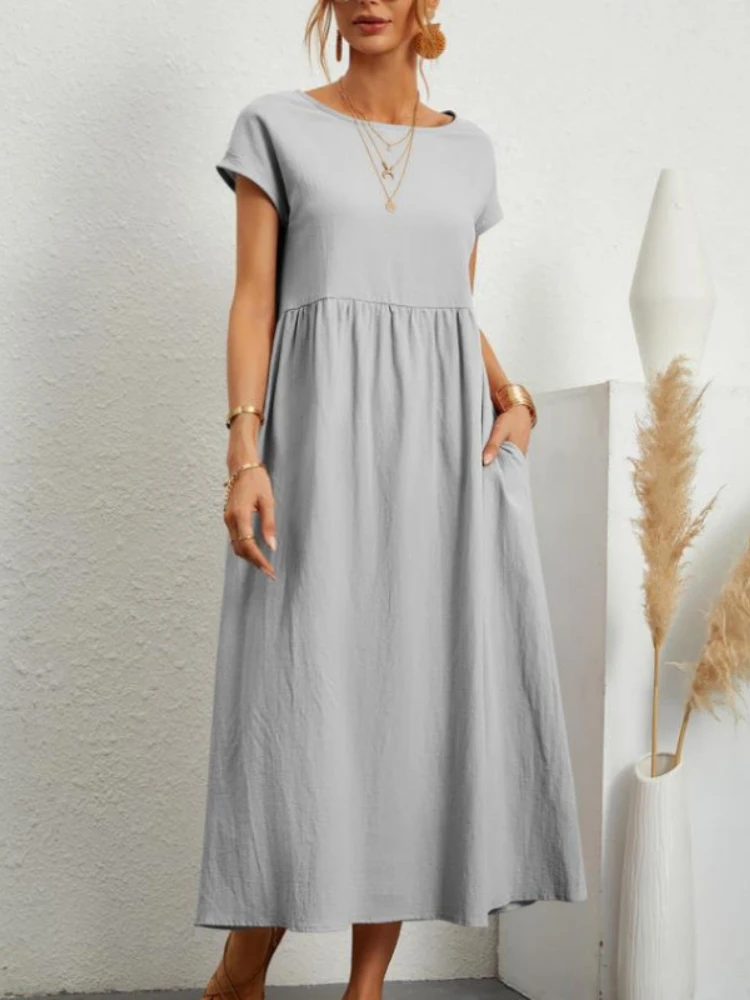 

New Fashion Women's Dress Solid Round Neck Short Sleeved Loose and Casual Vestido Casual Party Dress for Women 2023