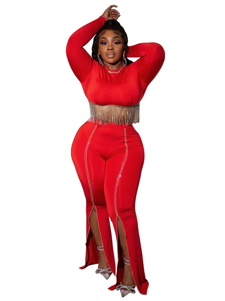 

Женский костюм из двух предметов, модный красный короткий топ с круглым вырезом и длинным рукавом и бриллиантовыми кисточками и узкие брюки-карандаш с разрезом, комплект из двух предметов