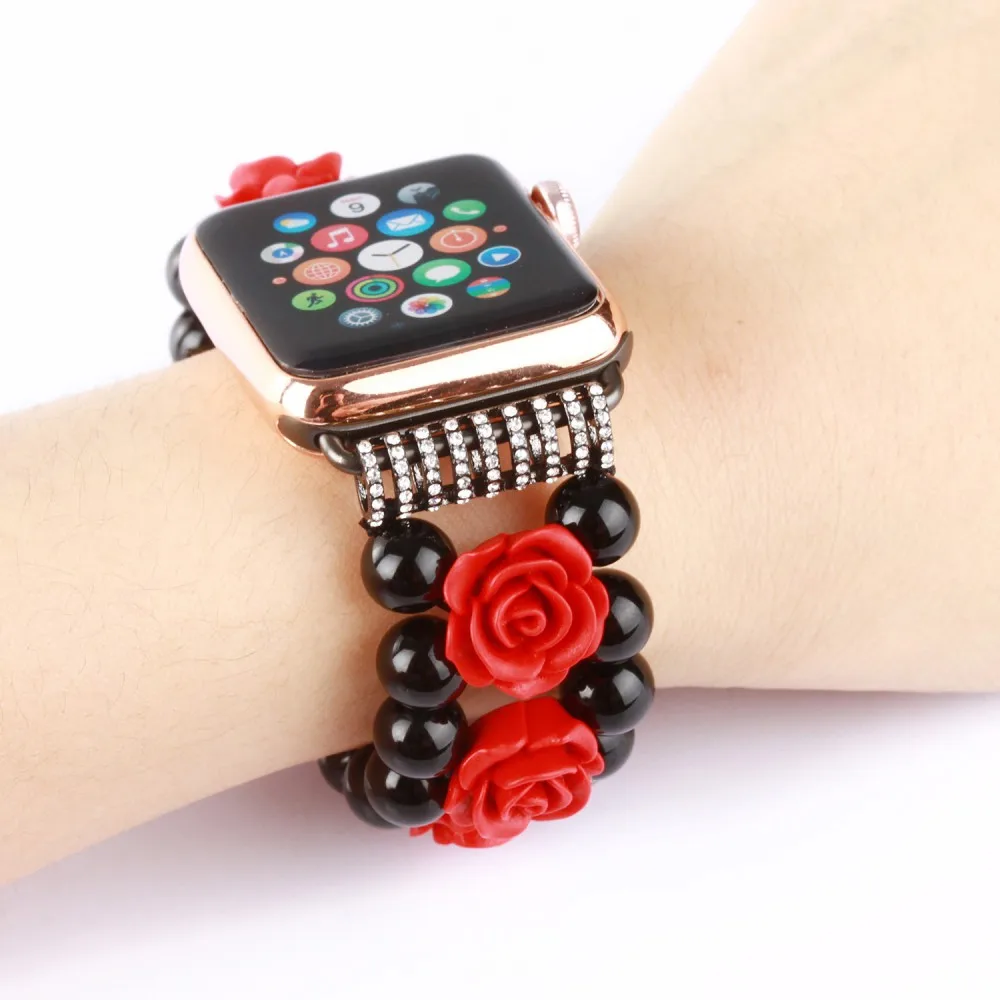 Red Rose Flower Agate Band for Apple Watch Series 8 7 6 5 4 3 SE Bracelet for iWatch 45mm 44mm 40mm 42mm 41mm Jewelry Wristband