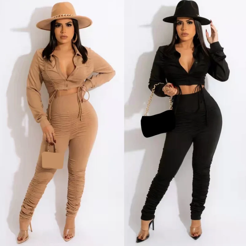 

WUHE Fashion Street Women's Set Drawstring Ruched Up Long Sleeve Zipper Fly Shirt and Legging Pants Two 2 Piece Set Tracksuit