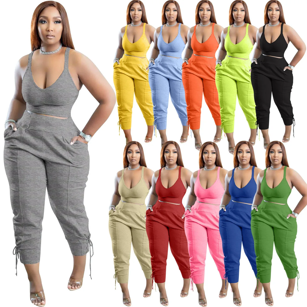 

Workout Women 2 Two Piece Set Outfits Tracksuit Summer Strap Tank Top and Jogger Pants Sportswear Sport Suit Streetwear Matching