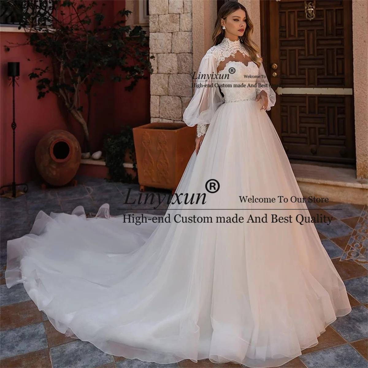 

Luxury A Line Lace Wedding Dress For Women Bride Remove Puff Sleeve Sweetheart Bridal Gowns Tulle Chapel Train Vestidos De Noiva