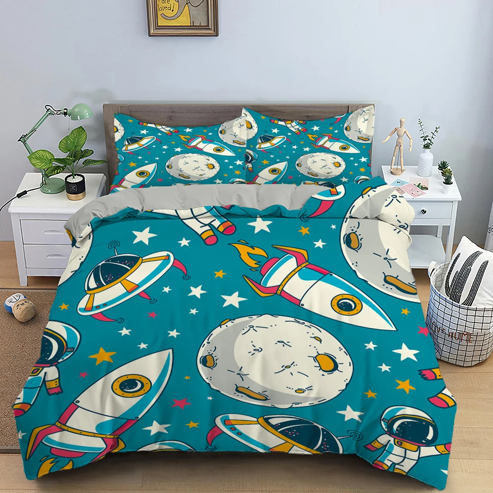 

Cartoon Astronaut Outer Space Bedding Set Teens Boys Home 2/3 Piece Duvet Cover Set + Pillowcase Single Twin King Bed Cover Set
