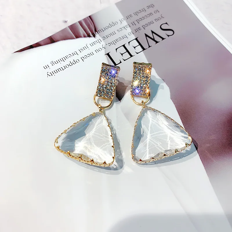 925 Silver Pin European And American Fashion Super Flash Diamond Geometric Triangle Crystal Earrings Korean Personality Temperam
