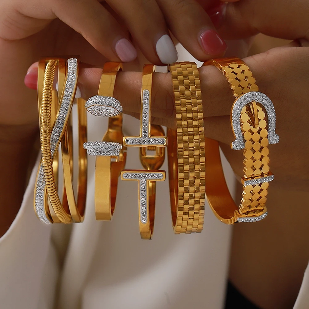 Женский винтажный браслет из нержавеющей стали с цирконием и блестящей