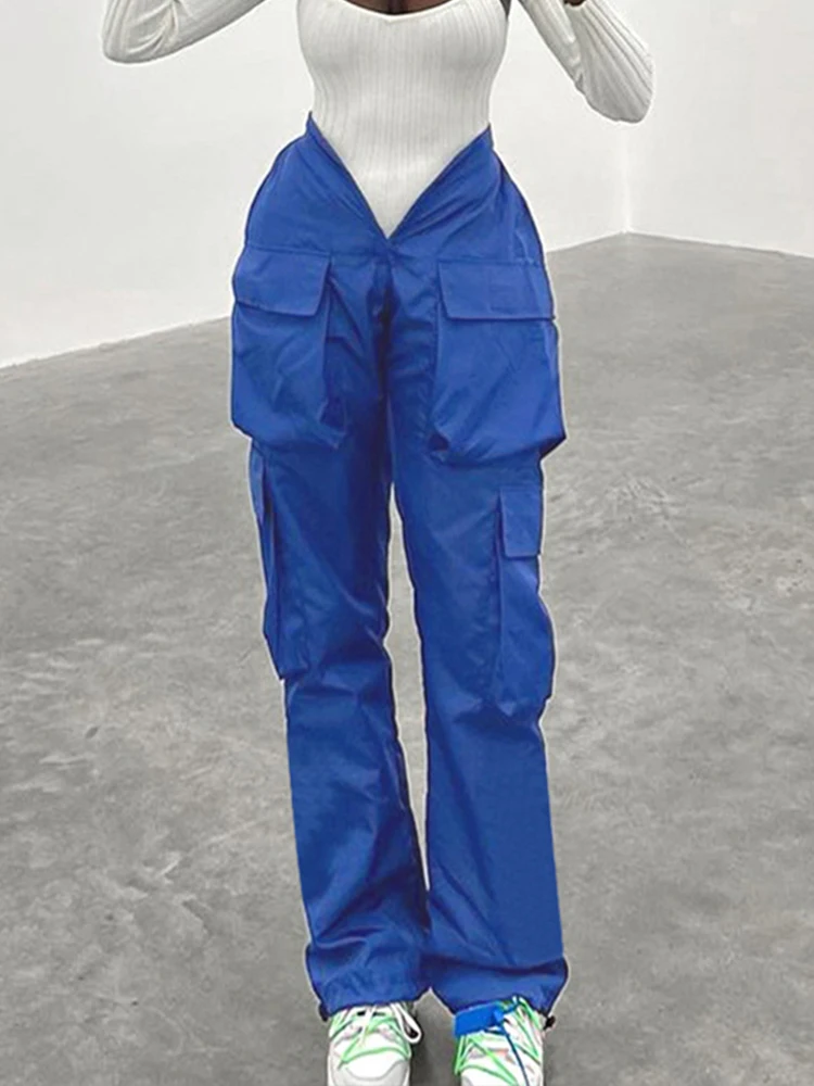 Weekeep Vintage Big Pocket Patchwork Cargo Pants Women Baggy Elastic High Waist Casual Pants Harajuku Capris Streetwear Trousers